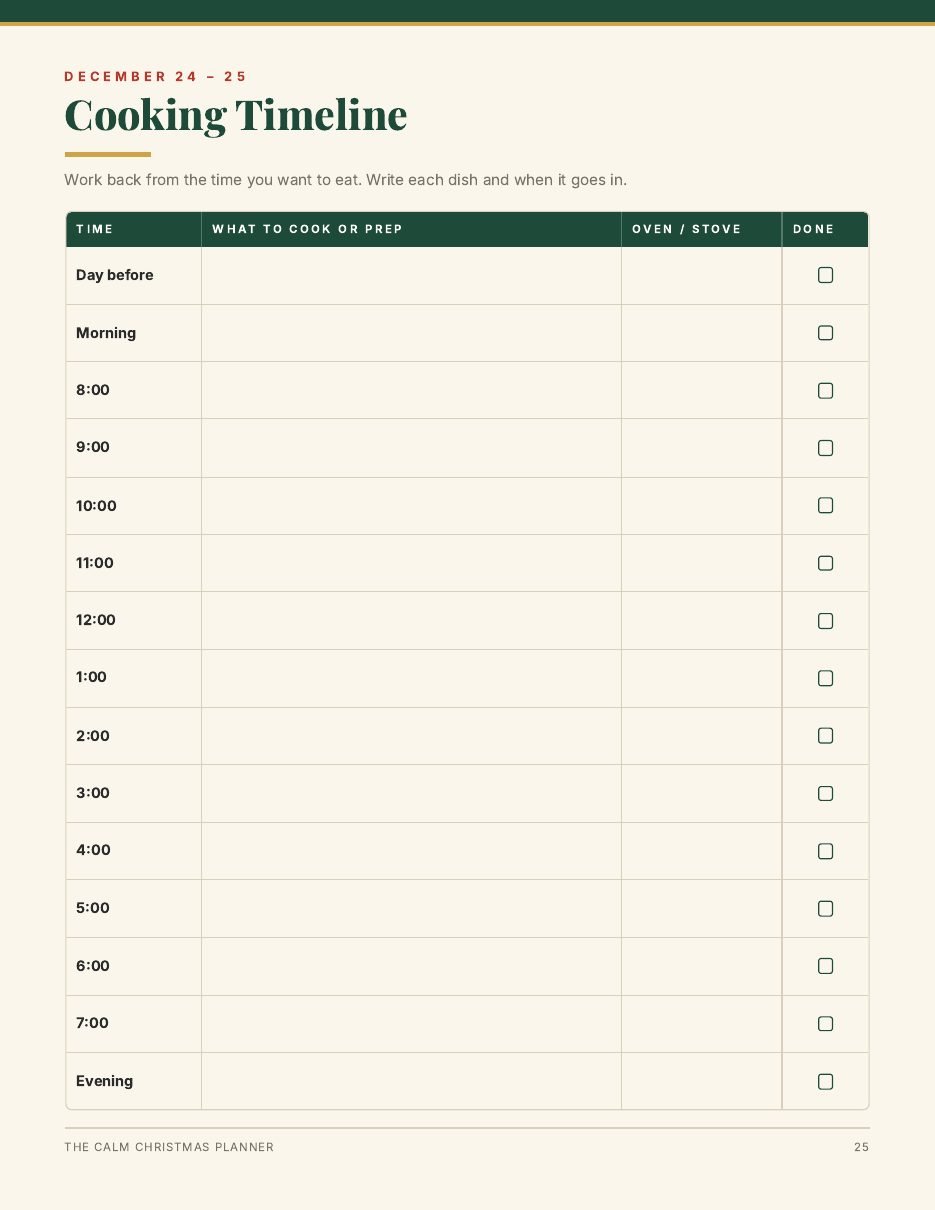 Cooking timeline for December 24 and 25 by hour