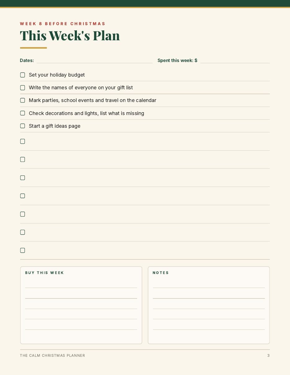 Weekly plan page for week 8 before Christmas with five tasks